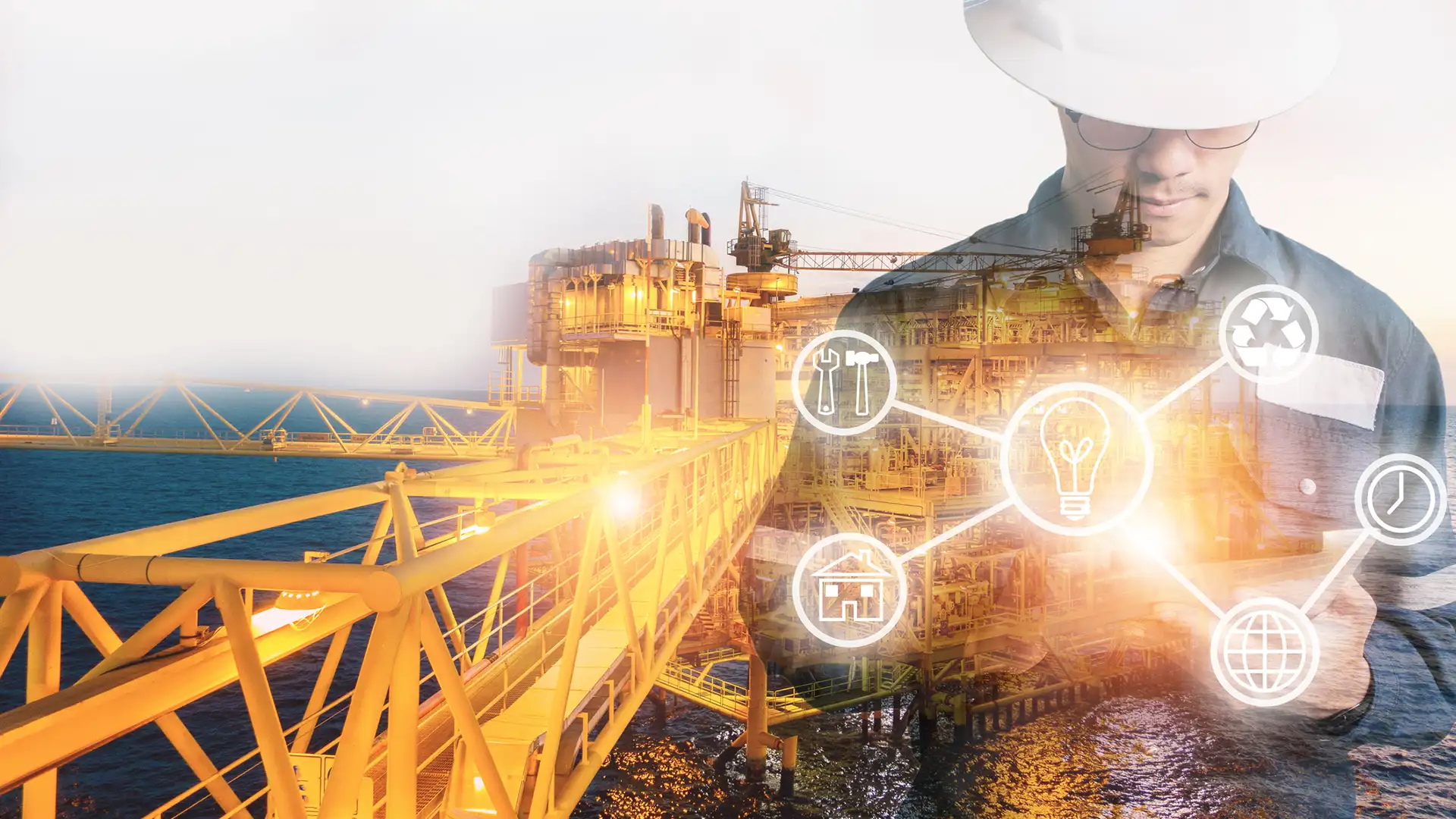 An abstract image of an offshore engineer surrounded by digital capabilities